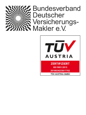 3 Zertifikate mit Logos ISO 9001, TÜV Austria und Bundesverband Deutscher Versicherungsmakler e.V.